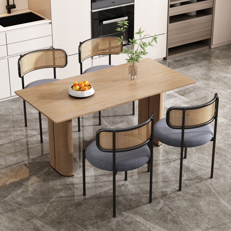 Modernluxe - Lot de chaises avec pieds en métal - dossier en rotin - coussin en velours - gris - 4 pièces