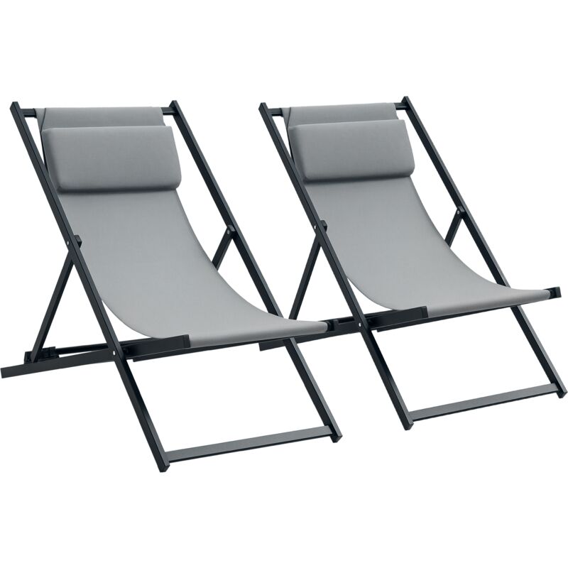 Lot de chiliennes fauteuils de jardin inclinables avec tétière alu noir textilène gris