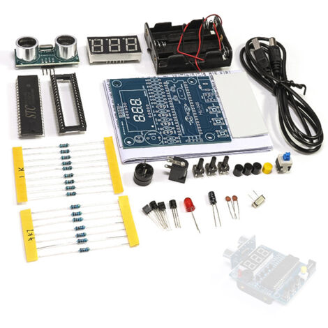 Lot de composants DIY de module de mesure de distance à microcontrôleur STC, 4 mètres, alarme sonore, affichage LED et boîtier inclus (Kit pour radar de recul)