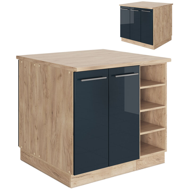 Vicco - lot de cuisine Fame-Line, bleu foncé brillant/chêne doré, 90 cm sans plan de travail