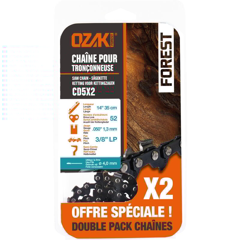 Lot de deux chaînes de tronçonneuse OZAKI sous coque semi carrée: .3/8"LP .050" (1,3mm) 52 entraîneurs ( E52 ).