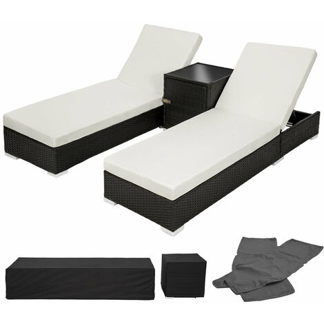 Lot de deux chaises longue bain de soleil en résine tressé poly rotin noir + table + deux set de housses + housse de protection