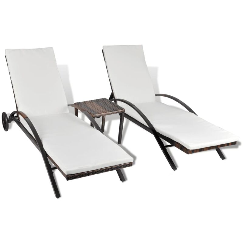 Helloshop26 - Lot de deux chaises longues transat 200 cm avec table résine tressée marron - Marron
