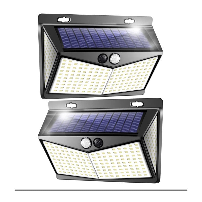 Lot de deux lampes solaires extérieures 208 LEDs, détecteur de mouvement, lampe murale super lumineuse 270° IP65 étanche 1500mAh solaire pour cour,