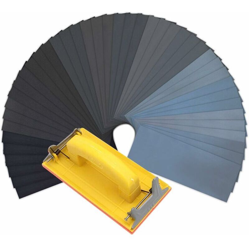 Lot de Papier de Verre, Papier Abrasif 23 x 9.3cm à Sec à l'Eau (42 Pcs + Hand Sanding Block)