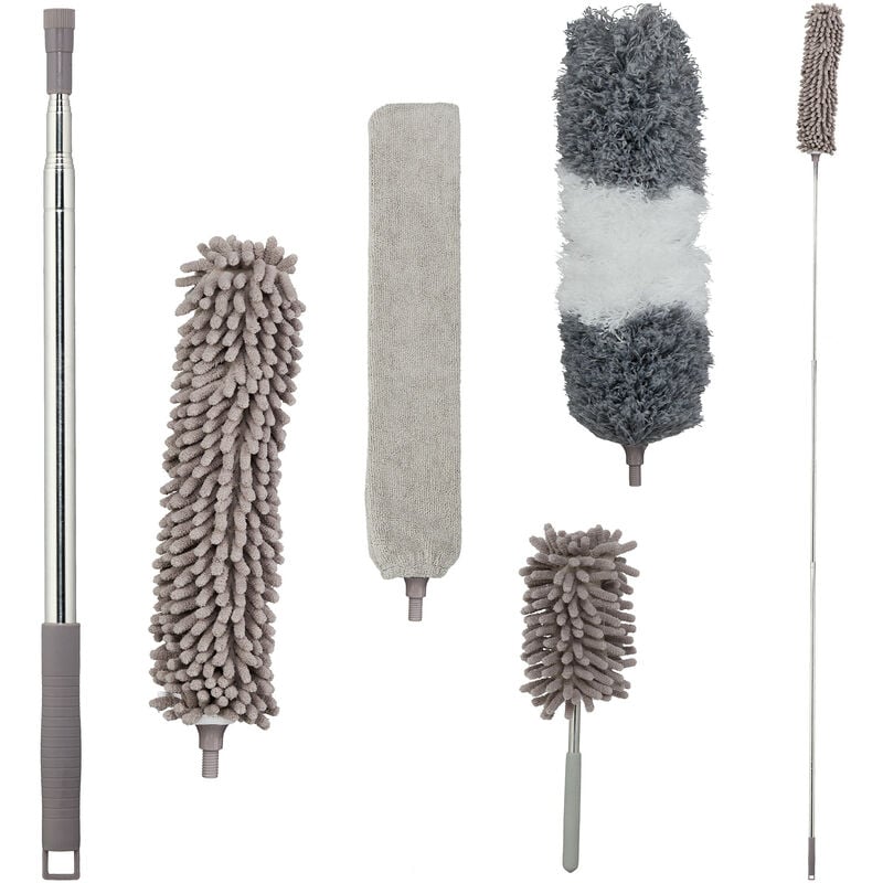 Relaxdays - Lot de plumeaux, 3 embouts, 1 balai à poussière, manche télescopique jusqu'à 2,5 m, pliable, ménage, gris
