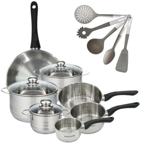 Lot de Poêle 28 cm, 3 Faitouts 16/20/24 cm et 3 Casseroles 12/16/20 cm Fackelmann Geneva et 5 Ustensiles