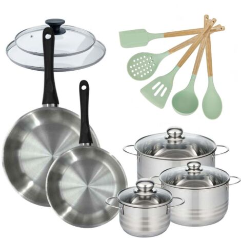 Lot de Poêles 24/28 cm avec couvercles et 3 faitouts 16/20/24 cm Fackelmann Généva avec 5 ustensiles Océan