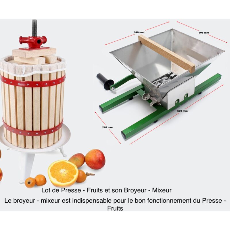 Lot De Presse - Fruits Manuel En Bois De 12 Litres + Broyeur Mixeur