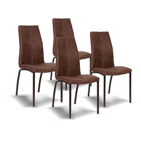 Lot de quatre chaises de salle à manger de style contemporain avec assise et dossier en faux cuir, modèle Ourense en couleur chocolat.