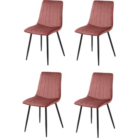Lot de quatre chaises de salle à manger de style vintage avec assise et dossier en velours, modèle Denia en maquillage rose.