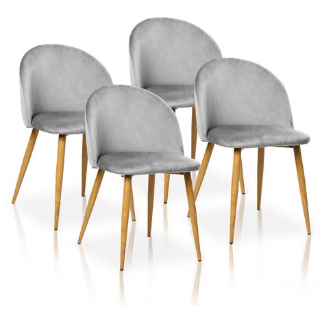 Lot de quatre chaises de salle à manger de style vintage avec assise et dossier en velours modèle Pedraza en couleur gris pierre.