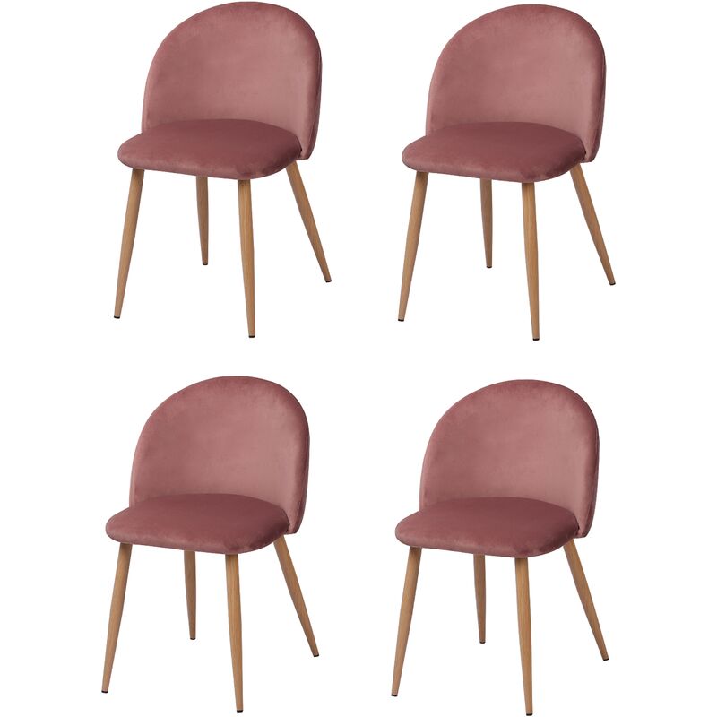 Lot de quatre chaises de salle à manger de style vintage avec assise et dossier en velours modèle Pedraza en couleur rose maquillée.