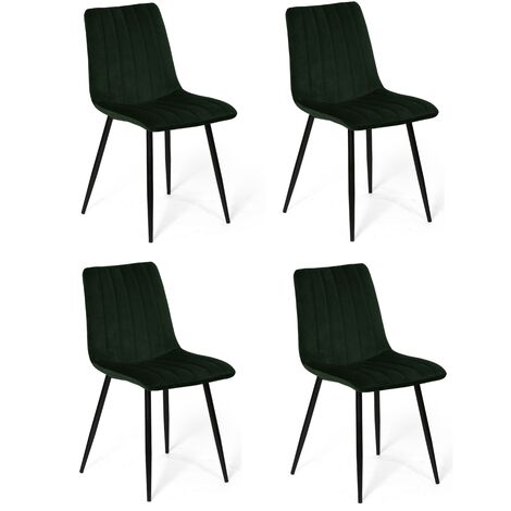 Lot de quatre chaises de salle à manger de style vintage avec assise et dossier en velours vert bouteille Modèle Denia
