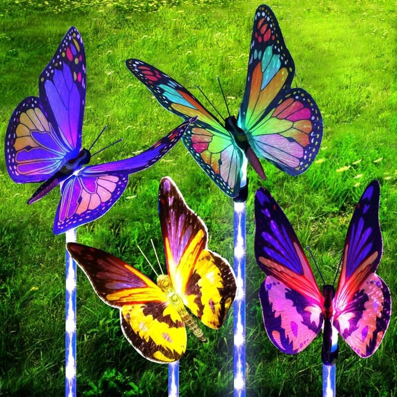 Lot de quatre lampes de jardin solaires avec papillons en fibre optique à couleurs changeantes et pointes lumineuses led étanches pour la décoration
