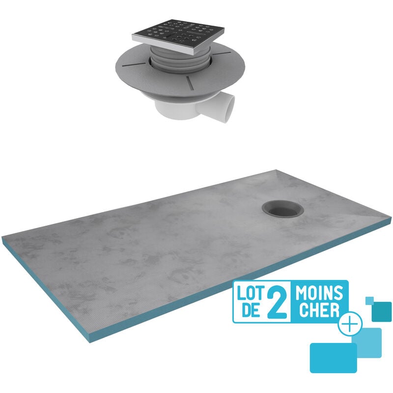 Lot de 2 Receveurs de Douche à Carreler 90x160 cm avec Bondes à Sortie Horizontale - Grille Inox