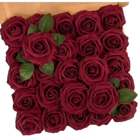 Lot de roses artificielles avec tige couleur bordeaux teinté, en boîte pour fête, mariage et intérieur