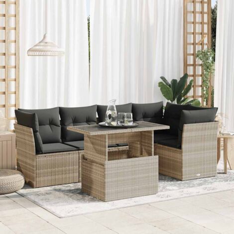 Lot de salon de jardin 6 places en résine tressée gris clair, 5 coussins amovibles, table à hauteur réglable avec plateau en verre, rangement sous siège