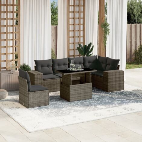 Lot de salon de jardin modulable en polyrotin gris 7 places avec coussins, table ajustable 100x55cm
