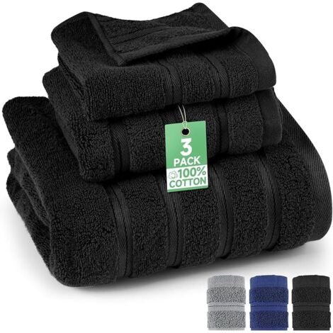 Lot de serviettes en coton éponge 70 x 140 cm + serviette 35 x 75 cm + serviette de visage 35 x 35 cm en 100 % coton pour salle de bain, sauna et invités (noir)