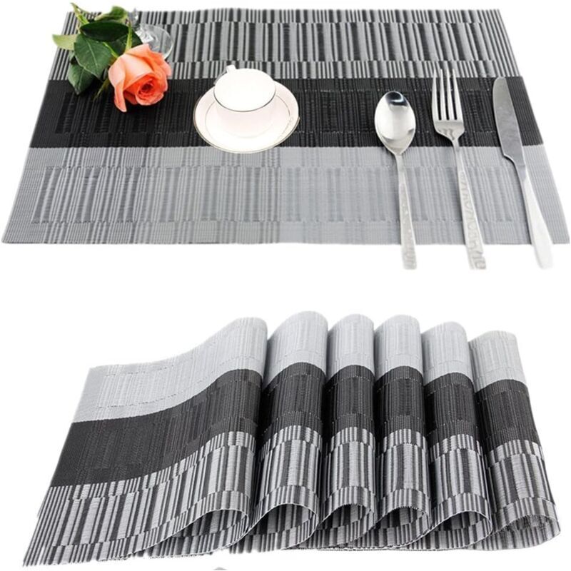 Lot de sets de table antidérapants en PVC, lavables (45 x 30 cm), pour la cuisine, le salon, le jardin ou la salle à manger (noir-gris)