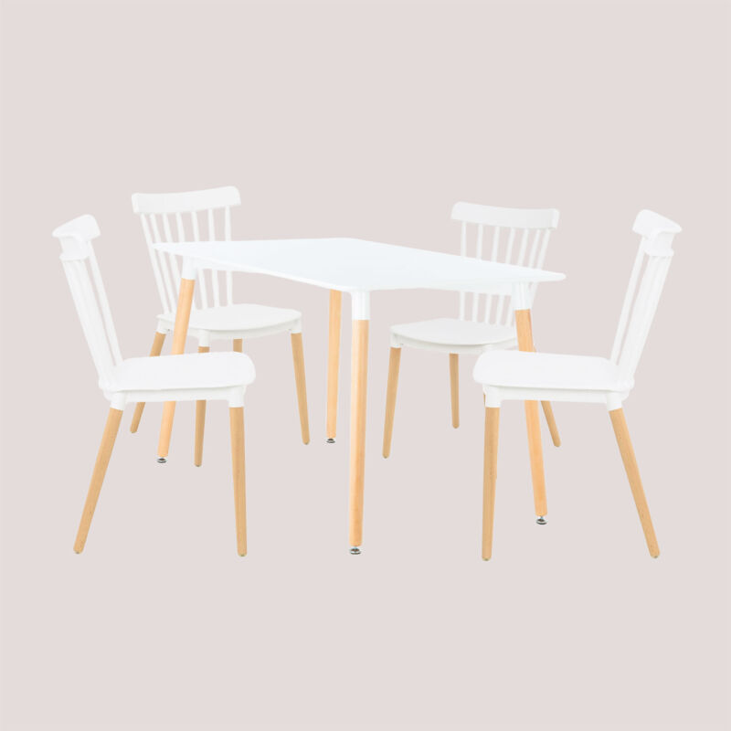 Set de Table de Salle à Manger Rectangulaire en Bois de Hêtre et mdf (120X80 cm) et 4 Chaises Royal Sklum Blanc