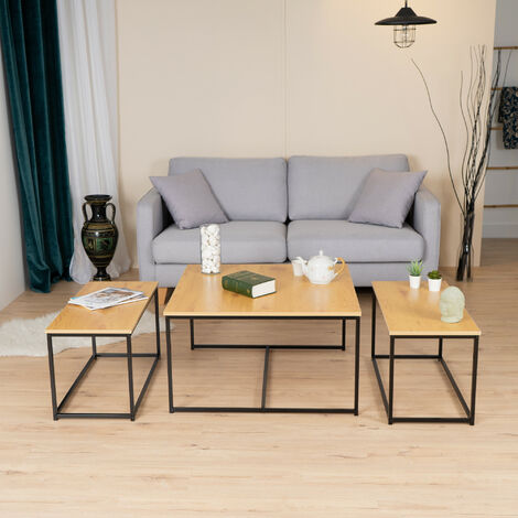 Lot de trois 3 Tables Basses gigognes scandinave forme atypique Bois beige Design pied en métal