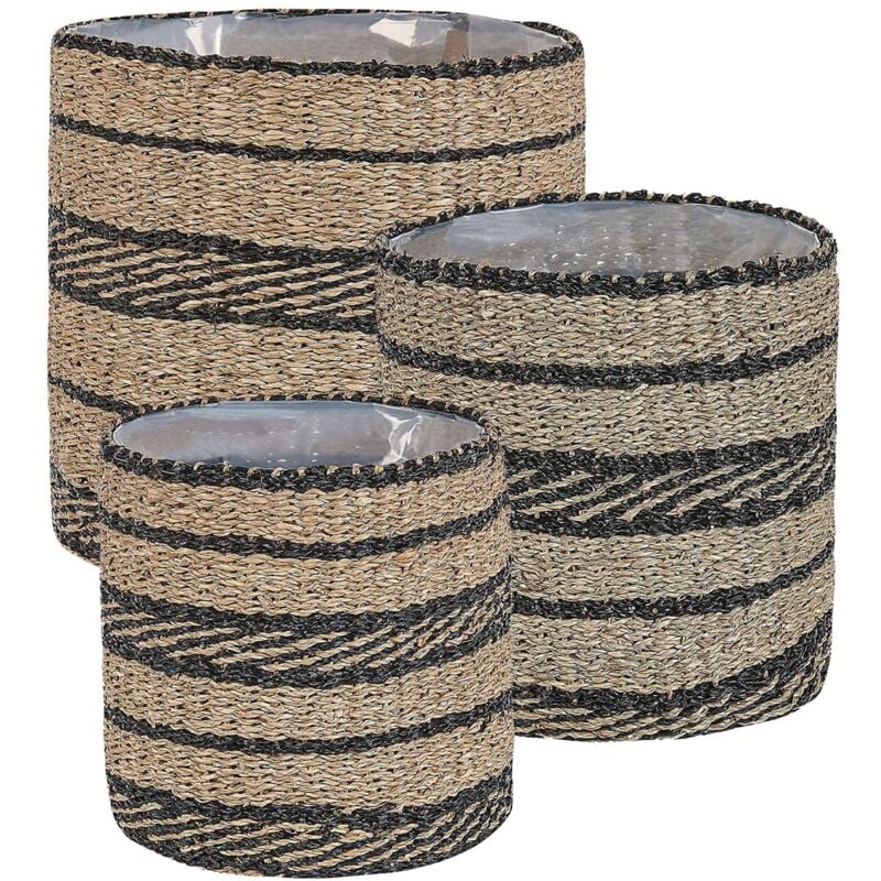 Lot de 3 Paniers à Fleurs en Algues Marines Décoration en Bandeaux Noirs Rasbora