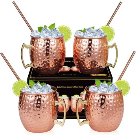 Lot de Verre Moscow Mule, 4 Tasses Moscou Mule avec 4 Pailles