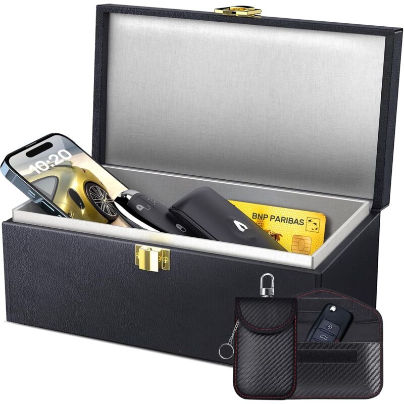 Lot de XL Boîte Anti RFID + 2 Etuis Anti RFID Clé Voiture Portable (M+L), 22 x 13 x 10,5 cm Boitier en PU Protection Anti Onde