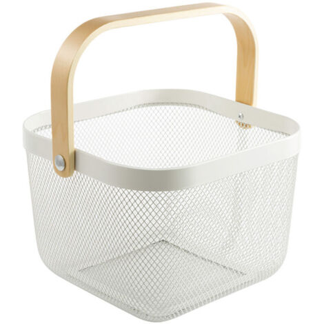 Lot de2 Panier de Rangement Décorative en Treillis Métallique avec Manche en Bois pour Cuisine, Salle de Bain - Blanc, 25 x 25 x 19cm