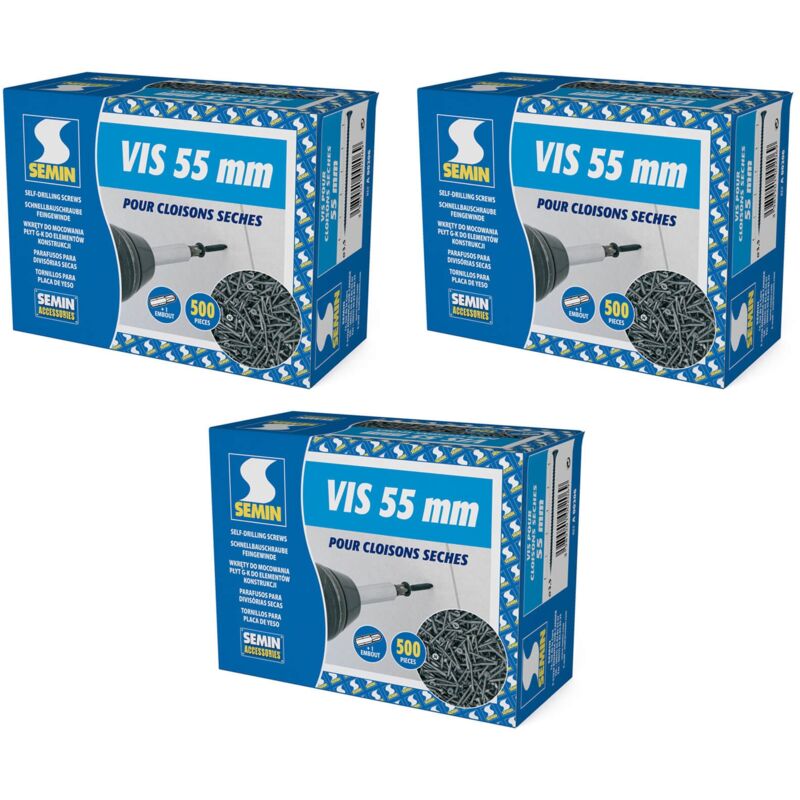 Lot de3 x 500 vis auto perceuse Semin pour la fixation des plaques de pâtre sur l'ossature - intérieur - 55 mm