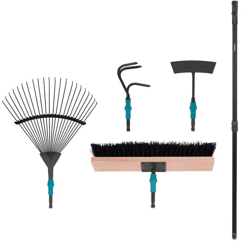 Vonroc - Lot d'outils de jardinage 4-en-1 système V-Fix avec râteau à feuilles, balai, binette et cultivateur
