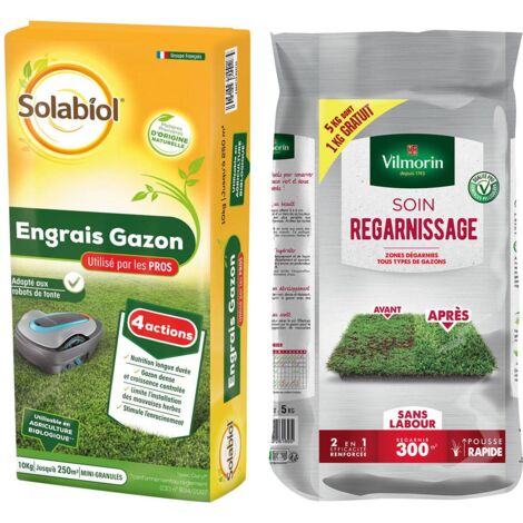 Lot d'un sac de Gazon soin regarnissage 5kgs  et d'un sac engrais gazon 10kgs