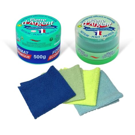 Lot économique 700g Pierre d'Argent ECOCERT avec 1 éponge classique, 1 éponge ergonomique et 4 mini chiffons antibactériens