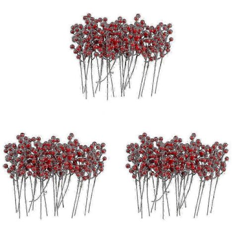 Lot exquis de 60 tiges de baies rouges artificielles de 20 cm pour décorations de sapin de Noël, couronne de Noël à faire soi-même.