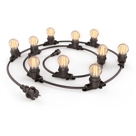 Lot guirlande extérieure, extensible, câble noir + 10 ampoules retro LED, blanc chaud culot E27 | Xanlite