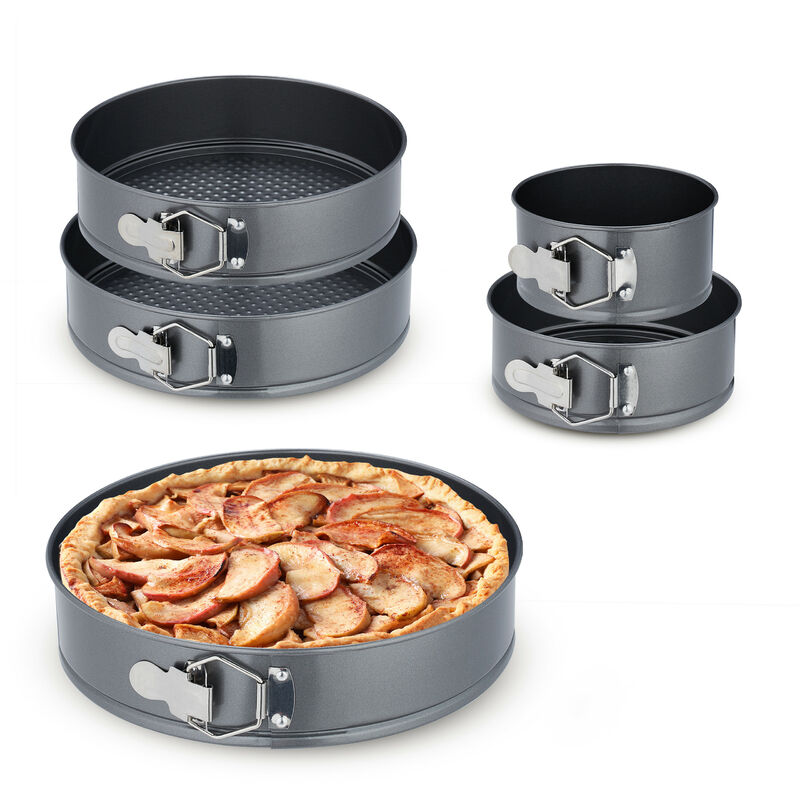 Lot moules à charnière, 5 plats ronds, diamètre: 14, 18, 24, 26, 28 cm, inoxydables, antiadhésifs, anthracite - Relaxdays