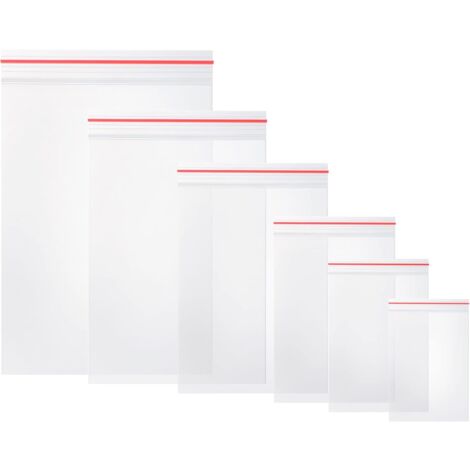 Lot of 600 Transparent Plastic, Closable Bags, Resealable Transparent Plastic Bags, Thickness 80 μm - 100 × 6 Bags (6 Sizes)