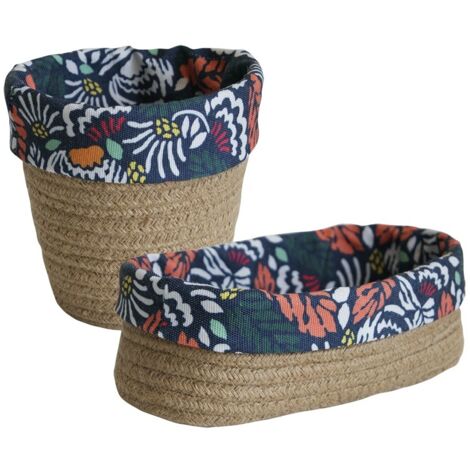 Lot panier rangement, pochon corde tressée et tissu bleu motif fleuri
