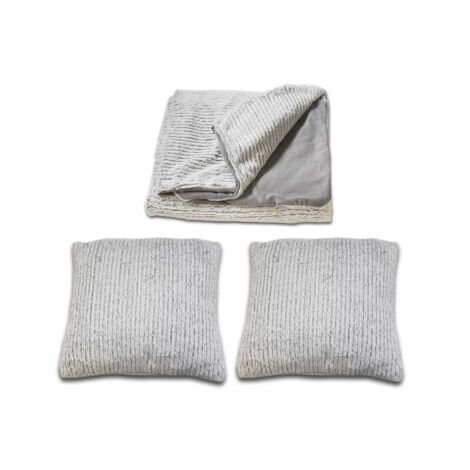 Lot plaid + 2 coussins gris clair en polaire douce effet tricot - LENO
