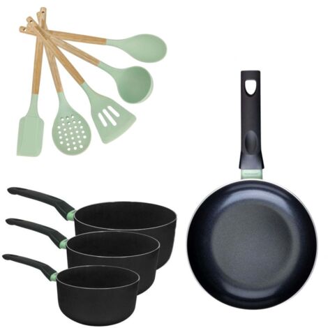 Lot Poêle 28 cm et 3 Casseroles 16/18/20 cm Fackelmann Brandao avec 5 ustensiles Océan
