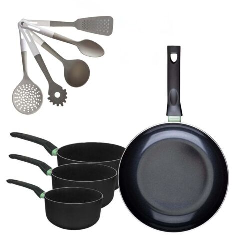 Lot Poêle 30 cm & 3 Casseroles 16/18/20 cm Fackelmann Brandao avec 5 Ustensiles de Cuisine Vario