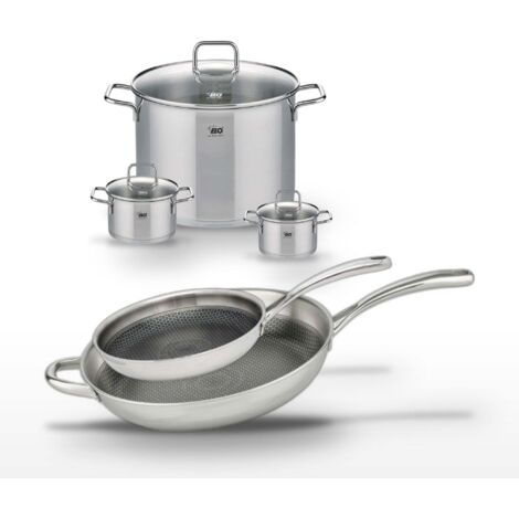 Lot Poêles 28cm & 32cm en inox Elo Relief Evolution avec 3 Faitouts Elo