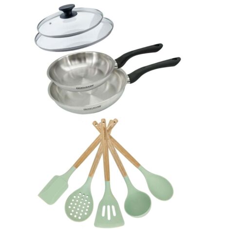 Lot Poêles inox 20/24 cm Fackelmann Geneva avec couvercles et 5 ustensiles