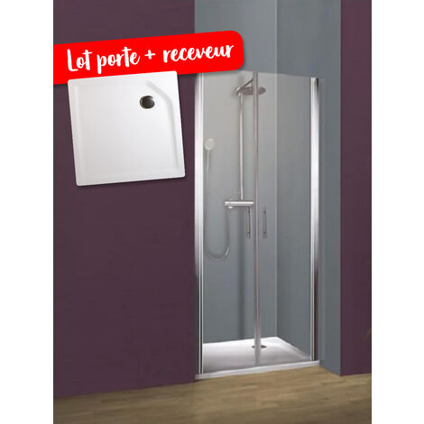 Lot porte de douche battante + receveur extra-plat, verre 5 mm anticalcaire, profilé aspect chromé, Schulte