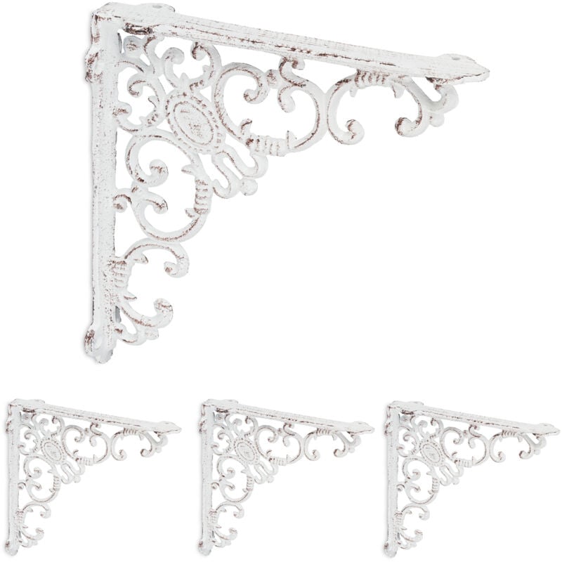 Relaxdays - Lot pratique de 4 équerres pour étagères, en fonte, design antique, hlp : 21,5 x 4 x 21,5 cm chacune, blanc