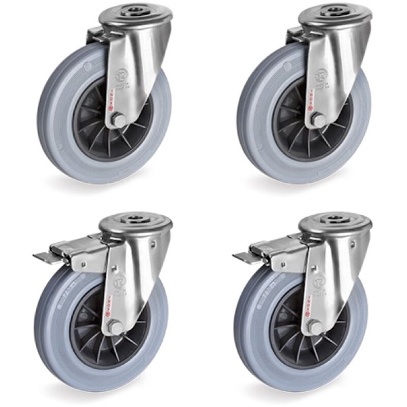 Lot de 4 roulettes à Oeil inox pivotantes et pivotantes à frein caoutchouc non tachant 80 mm - 150Kg