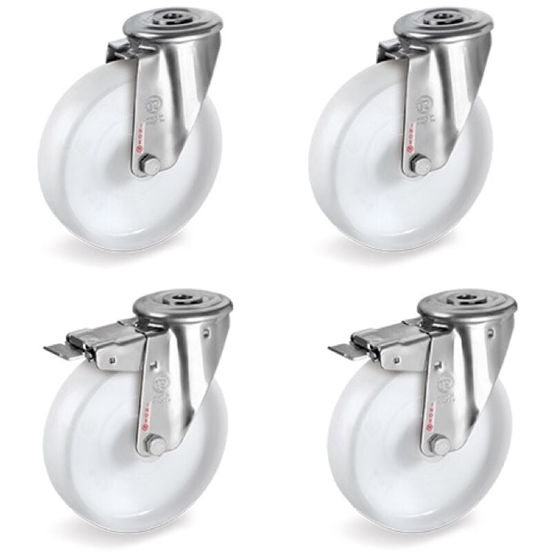 Lot de 4 roulettes à Oeil inox pivotantes et pivotantes à frein plastique blanc 100 mm - 450 Kg