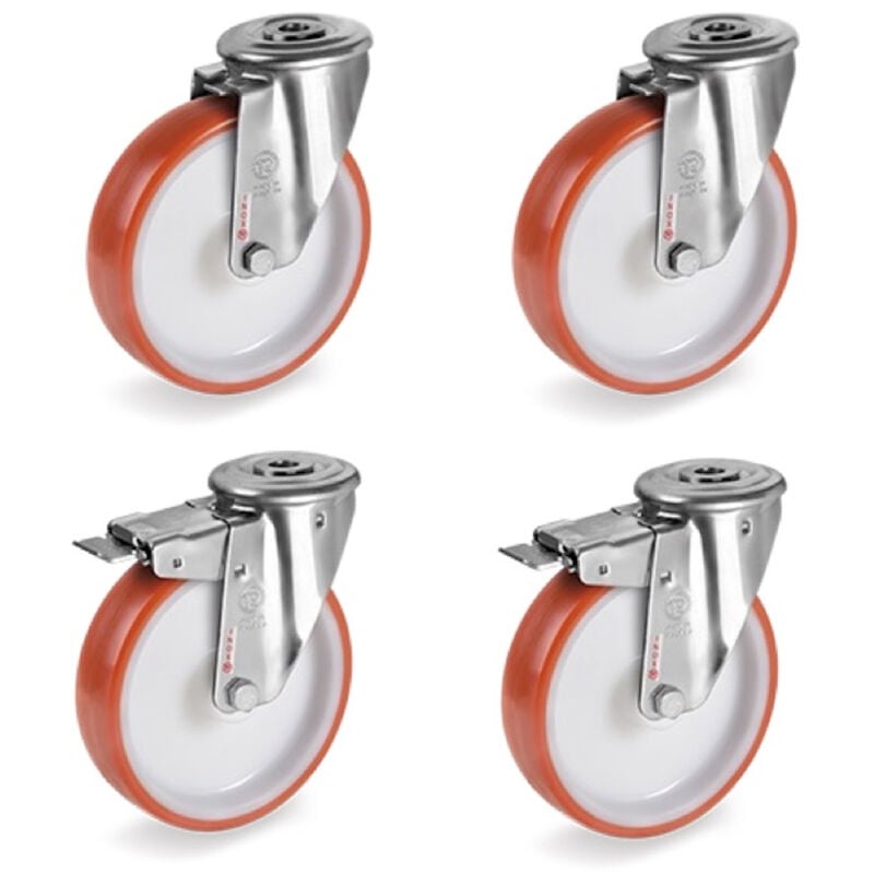 Lot de 4 roulettes à Oeil inox pivotantes et pivotantes à frein polyuréthane rouge 100 mm - 510Kg